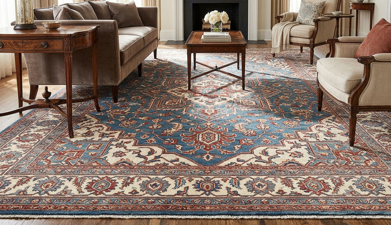 9x12 wool carpet with intricate heritage patterns anchoring a luxury living room.