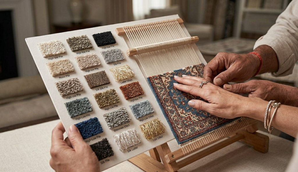 Bespoke design consultation for a custom 9x12 wool carpet with various yarn color samples.