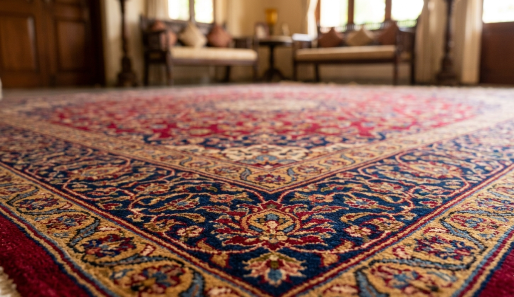 A close-up of a luxurious Indian carpet with intricate floral patterns in ruby and gold, showcasing traditional craftsmanship.
