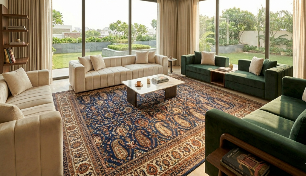 Indian handmade rugs with traditional Bhadohi craftsmanship and natural dyes, styled as a luxury investment piece to add tactile drama to a contemporary living room.