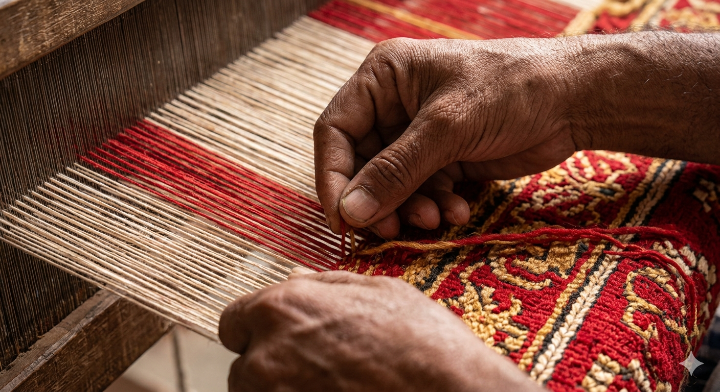 A close-up photograph capturing an artisan's weathered hands meticulously executing intricate knots on a large vertical loom in a traditional Indian weaving workshop, handcrafted indian carpets demonstrating the core craftsmanship and heritage.