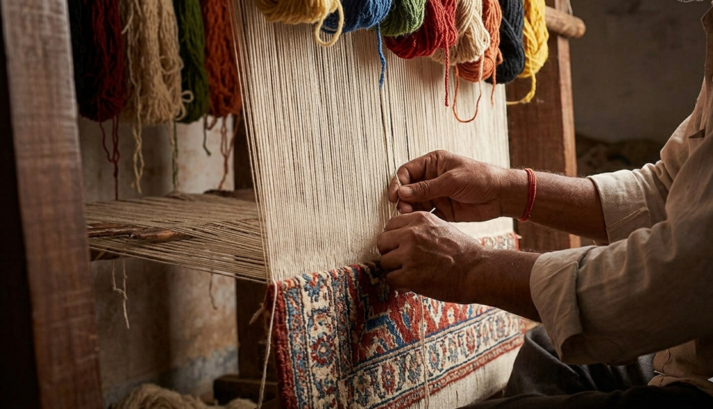 Authentic Indian craftsmanship showing an artisan hand-weaving a 9x12 wool carpet in Bhadohi.