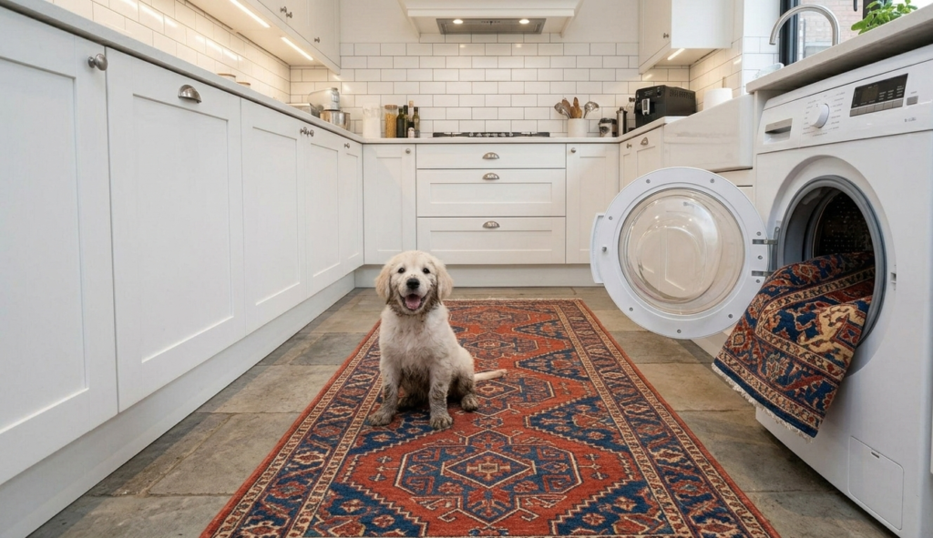 A candid, well-lit photograph set in a modern kitchen with clean white cabinetry. A durable, patterned Indian-style runner rug, featuring traditional blue and red geometric motifs, spans the floor. A small puppy is sitting happily on the runner. Near the sink, a washing machine door is ajar, showing an identical folded rug inside, demonstrating the machine-washable feature.