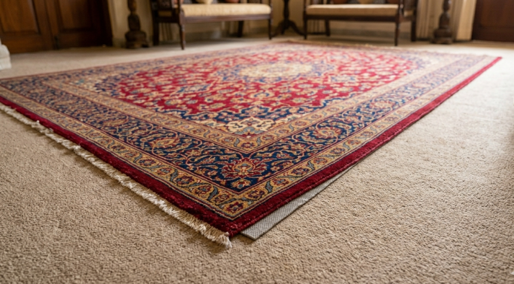 A patterned indian rug layered over neutral wall-to-wall carpeting to add texture and depth to a room.