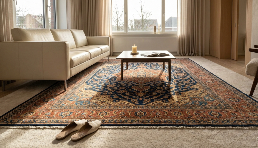 A warm, inviting photograph of a modern, sunlit living room. A large, intricate hand-knotted Indian area rug, with a classic Jaipur pattern in deep blue, gold, and terracotta tones, is centered under a cream-colored sofa.