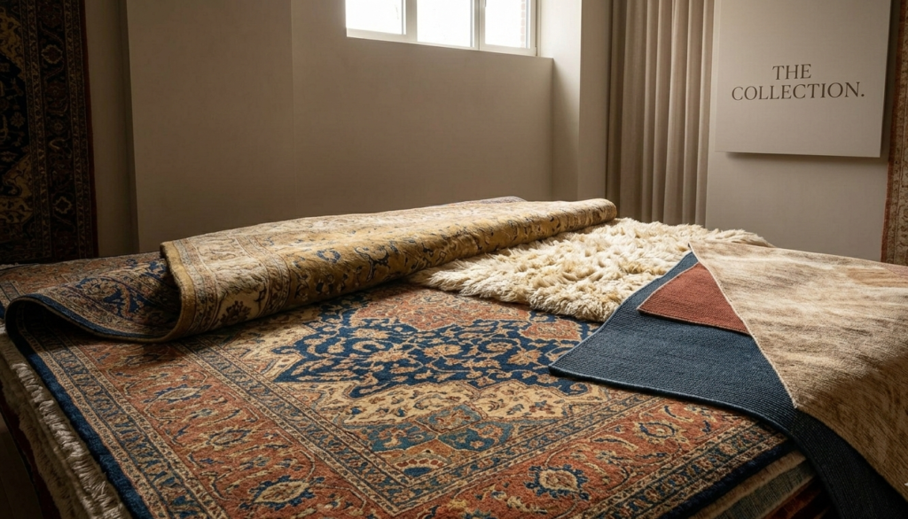 A luxurious interior photograph set in an elegant showroom display. Several different Indian carpets, including the intricate traditional, the plush textured, and the durable runner styles seen in Images 1 through 5, are artfully stacked, folded, and layered, showcasing their rich, cohesive color palette and varied textures. A subtle sign hangs in the background, reading 'THE COLLECTION.'