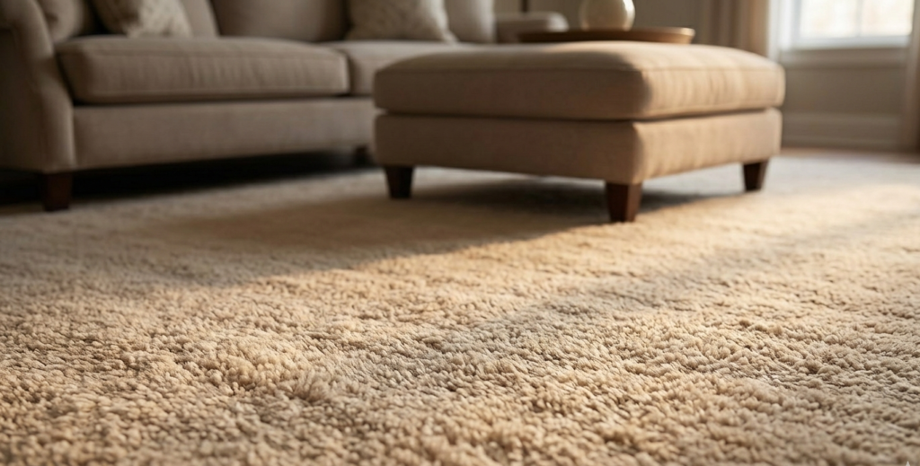 Close-up of dense wool pile on a 9x12 wool carpet showing natural thermal and acoustic texture.