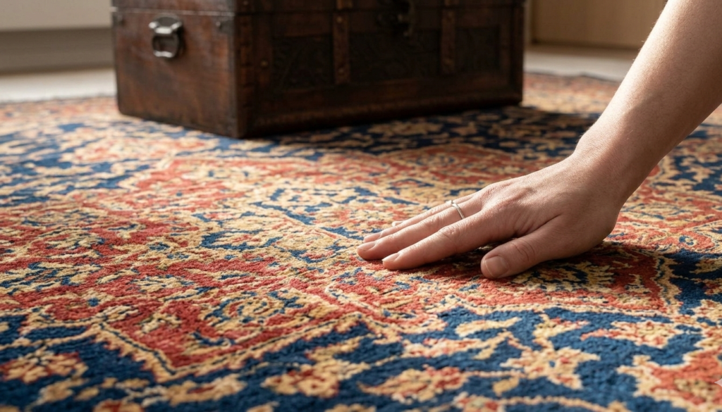A close-up, tactile studio photograph focusing on the detailed texture and quality of a plush Indian carpet. A human hand gently brushes across the surface of the dense wool and bamboo silk fibers, highlighting the intricate pattern in deep blue, gold, and crimson.