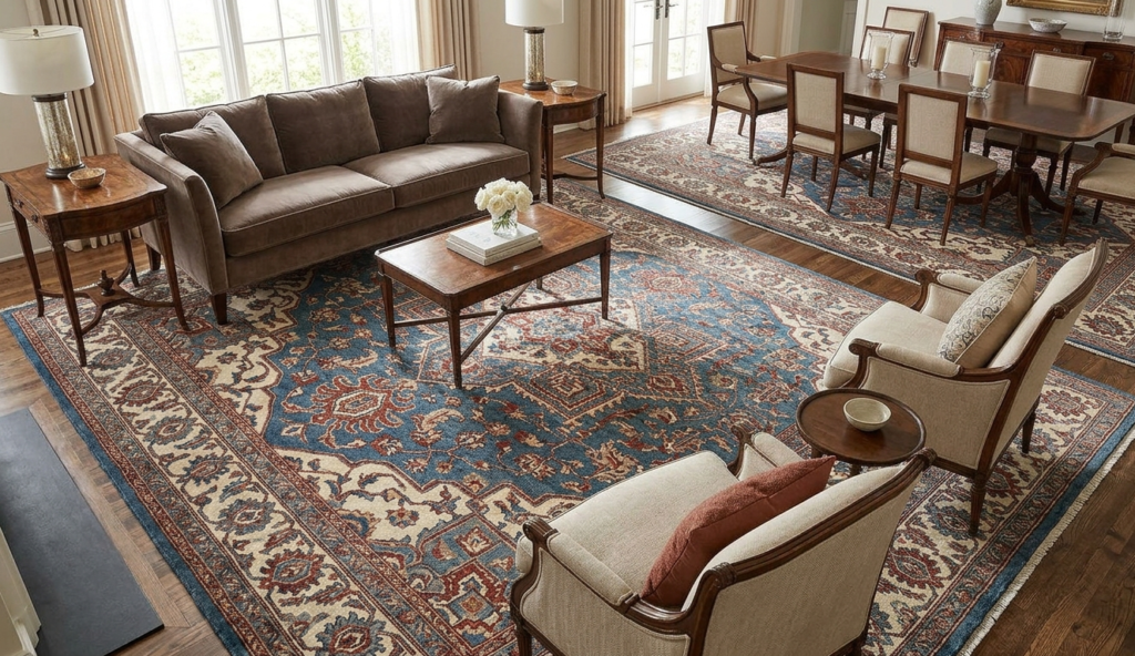 Large 9x12 wool carpet placed under all furniture legs for professional living room rug placement.