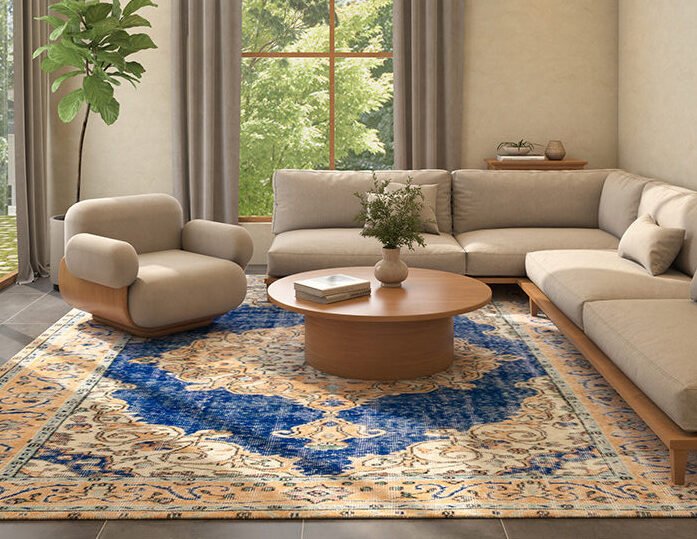 Modern elegant living room with beige sectional sofa, rounded armchair, circular wooden coffee table, decorative area rug with blue central pattern, large window with gray curtains, and tall potted plant