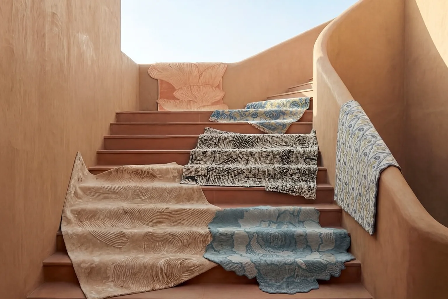 Indian carpets, intricately designed rugs with unique patterns and textures including peach leaf motifs, blue floral designs, black and white abstracts, and embossed styles, draped over a staircase to showcase traditional craftsmanship and modern artistry