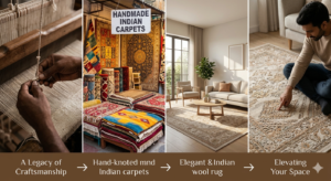 A sequence of four photographic panels, presented with text and arrows to illustrate the creation of traditional Indian carpets. The first panel (left) shows hands dyeing a large hank of yarn in a copper vat of indigo dye, surrounded by bowls of other powdered pigments, with the text 'Dyeing the Yarn'. The second panel shows an artisan at a large floor loom, with hands using a shuttle to weave a vibrant geometric pattern into the textile, with the text 'Weaving the Pattern'. The third panel is a close-up of hands using precise shears to trim and finish a section of a terracotta-colored carpet pile, with the text 'Final Finishing'. The final panel (right) shows a traditional bazaar or market stall, filled with stacks and displays of completed, intricately patterned Indian carpets of various designs and colors, with the text 'Showcasing the Legacy'. The entire sequence is tied together with a dark brown footer containing the white text and white progress arrows.