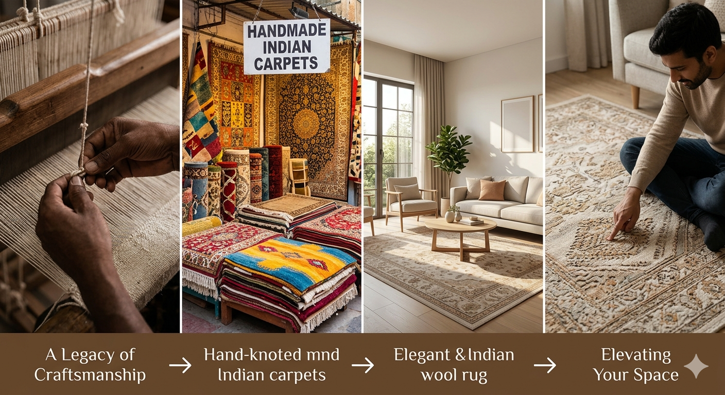 A sequence of four photographic panels, presented with text and arrows to illustrate the creation of traditional Indian carpets. The first panel (left) shows hands dyeing a large hank of yarn in a copper vat of indigo dye, surrounded by bowls of other powdered pigments, with the text 'Dyeing the Yarn'. The second panel shows an artisan at a large floor loom, with hands using a shuttle to weave a vibrant geometric pattern into the textile, with the text 'Weaving the Pattern'. The third panel is a close-up of hands using precise shears to trim and finish a section of a terracotta-colored carpet pile, with the text 'Final Finishing'. The final panel (right) shows a traditional bazaar or market stall, filled with stacks and displays of completed, intricately patterned Indian carpets of various designs and colors, with the text 'Showcasing the Legacy'. The entire sequence is tied together with a dark brown footer containing the white text and white progress arrows.