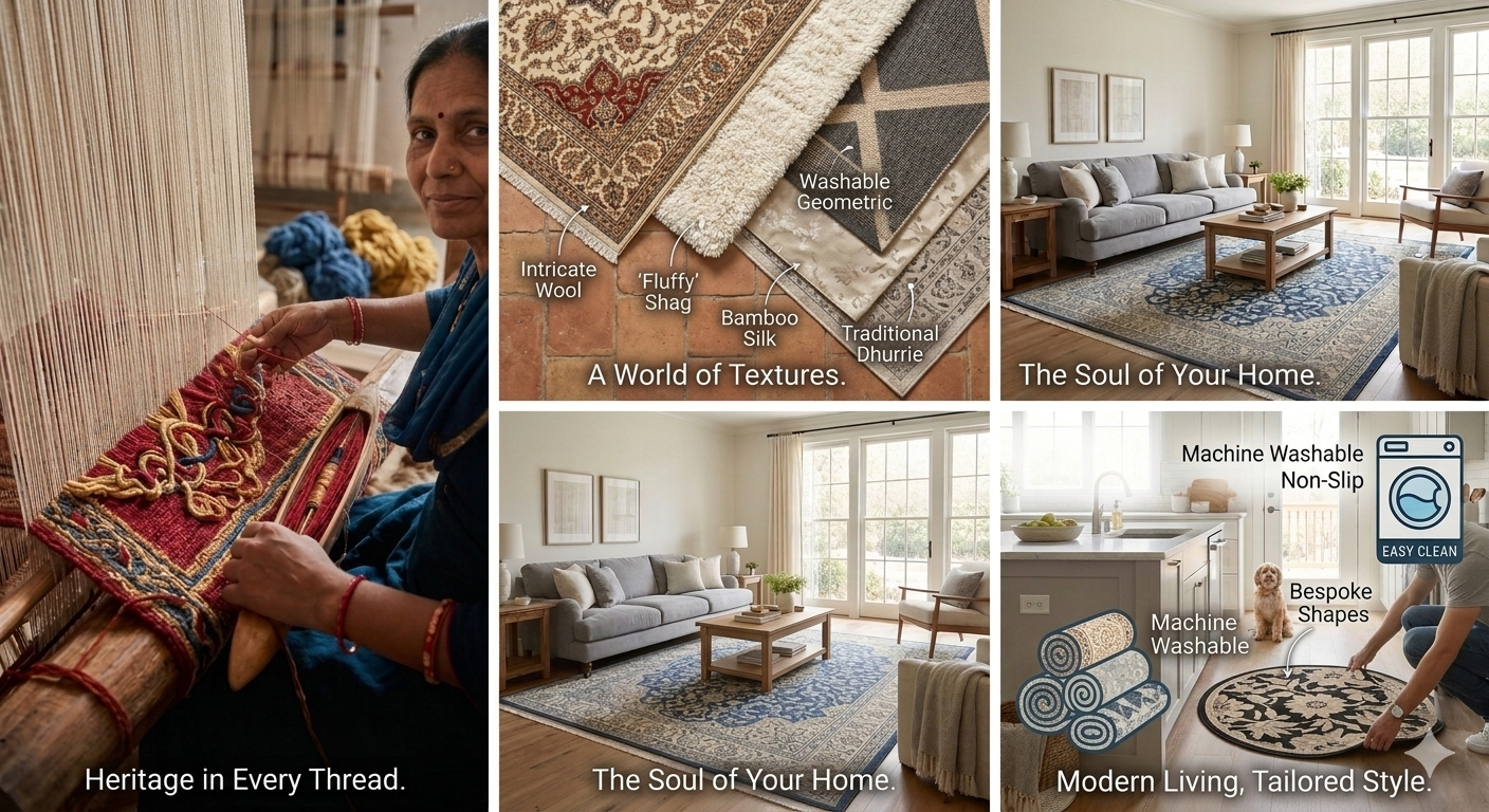 A clean, modern kitchen featuring a blue geometric runner rug and a golden retriever dog. Graphic icons highlight "Machine Washable" features, while an inset shows a person placing a bespoke round "irregular" rug, demonstrating customization and easy maintenance.