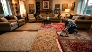 Luxury hand-knotted Indian carpet in a modern living room with an 8x10 rug layout under designer furniture.