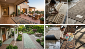 A comprehensive four-panel collage illustrating the premium guide to outdoor rug runners. It includes a 12 ft runner rug in a luxury patio setting, an artisan hand-weaving a brown outdoor carpet, a long outdoor rug runner 3x10 defining a deck pathway, and technical details showing carpet runners with rubber backing and custom color palettes.