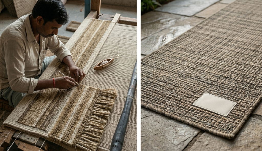 A split-view image showcasing the craftsmanship of an outdoor runner rug 12 ft. On the left, an Indian artisan hand-tufts a neutral-toned rug on a traditional loom. On the right, a macro close-up of the finished brown indoor outdoor carpet texture is shown on a weather-exposed stone floor, featuring a blank, high-quality label.