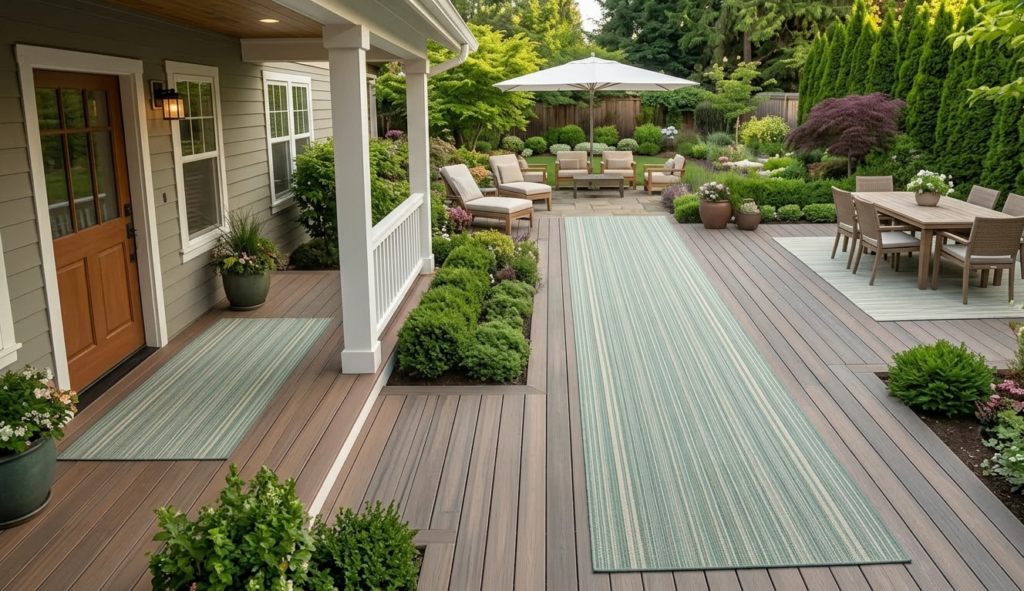 An overhead view of a modern wooden deck featuring a long carpet runner in seafoam and cream stripes. This 12 foot runner rug non slip is placed strategically to define a pathway from the porch entrance toward a garden dining area, protecting the deck while providing a clean, professional aesthetic.