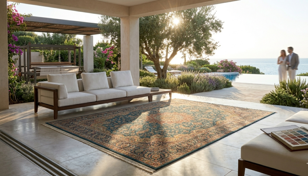 A wide view of a luxury patio lounge with an infinity pool and Mediterranean garden. The space is anchored by a massive, colorful outdoor rug on polished limestone, illustrating the ideal use for a 10x14 outdoor rug.