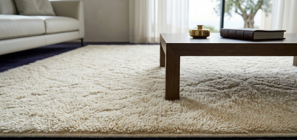 A low-angle shot of a minimalist luxury living room, where a cream-colored, deep-pile carpet 10x14 anchors a low dark wood coffee table. Diffused light highlights the texture, offering design inspiration for integrating large area rugs.