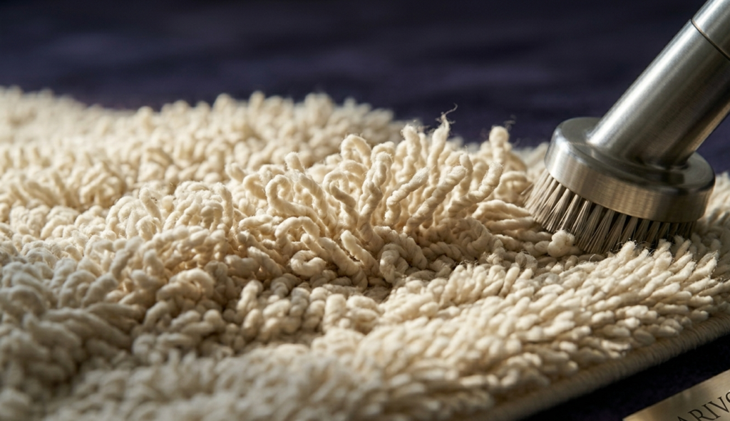 An extreme, low-angle (raking light) detail of thick, hand-tufted wool fibers. A professional vacuum attachment is visible, emphasizing the proper care and tactile quality required for maintaining a premium wool rug 10x14.