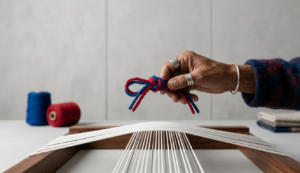 An intense close-up of skilled Indian artisans hand-tying knots with vibrant wool on a traditional wooden loom, representing the heritage behind every IndianCarpets.in 10x14 rug in wool.