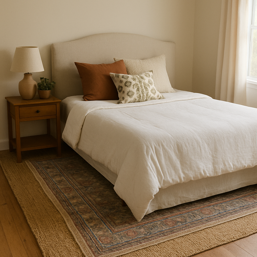 Cozy bedroom featuring layered carpets and carpet on carpet design for a warm atmosphere.