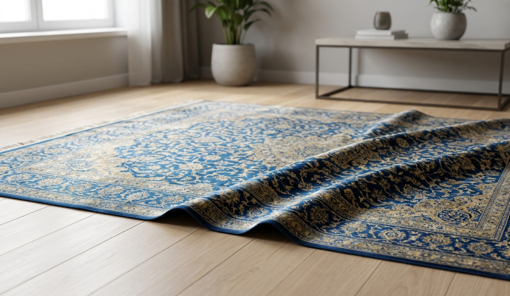 A radiant Kashmiri silk carpet by IndianCarpets.in with traditional patterns and a subtle sheen, beautifully draped in a modern Indian home, representing heritage weaving for luxury interiors.