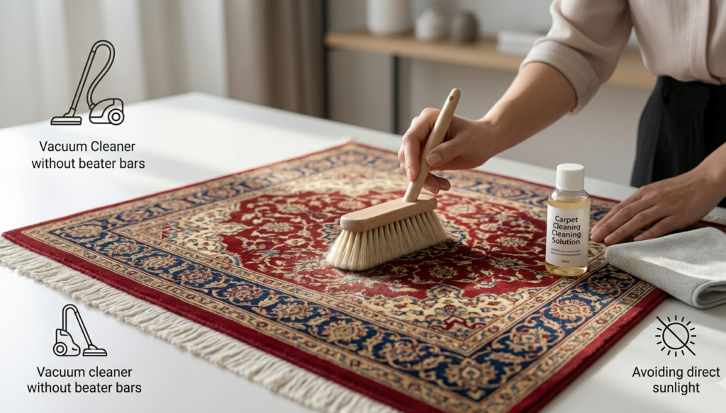 A close-up demonstrating the proper care for Kashmiri silk carpets, showing a delicate brushing technique and essential care icons, representing visual maintenance FAQs for custom rugs.