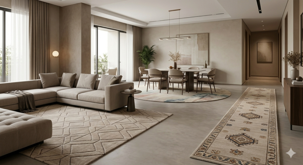 A contemporary open-plan home featuring different Indian handcrafted carpets used to define spaces; a sleek tufted carpet in the living area and an irregular carpet defining the dining zone, illustrating modern design trends for luxury interiors.