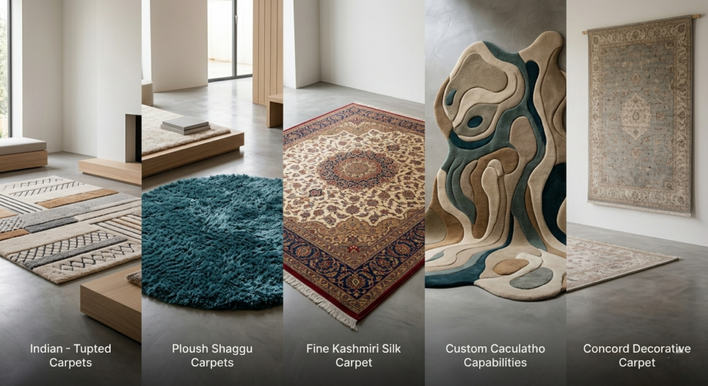 A bright interior showroom displaying a diverse collection of Indian handcrafted carpets, including a fine Kashmiri silk carpet, a round shaggy carpet, and modern tufted carpets, showcasing varying textures and traditional designs.