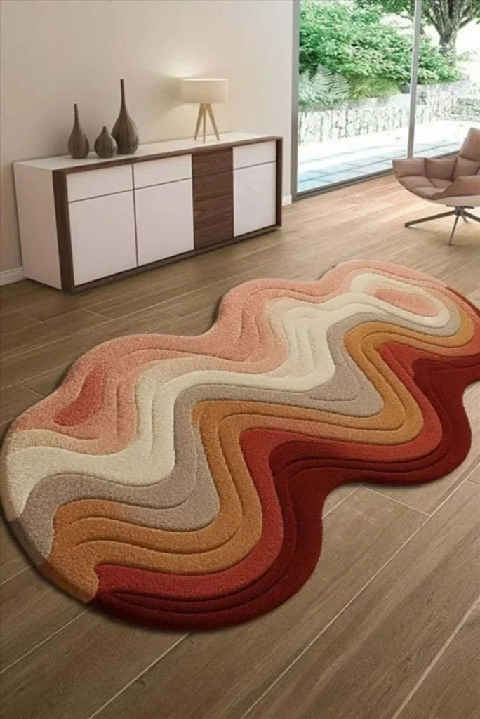 A luxury Arivora Rug featuring a unique wave-like irregular shape with a gradient of warm sunset hues, meticulously hand-tufted to create a high-definition 3D texture for modern premium interiors.