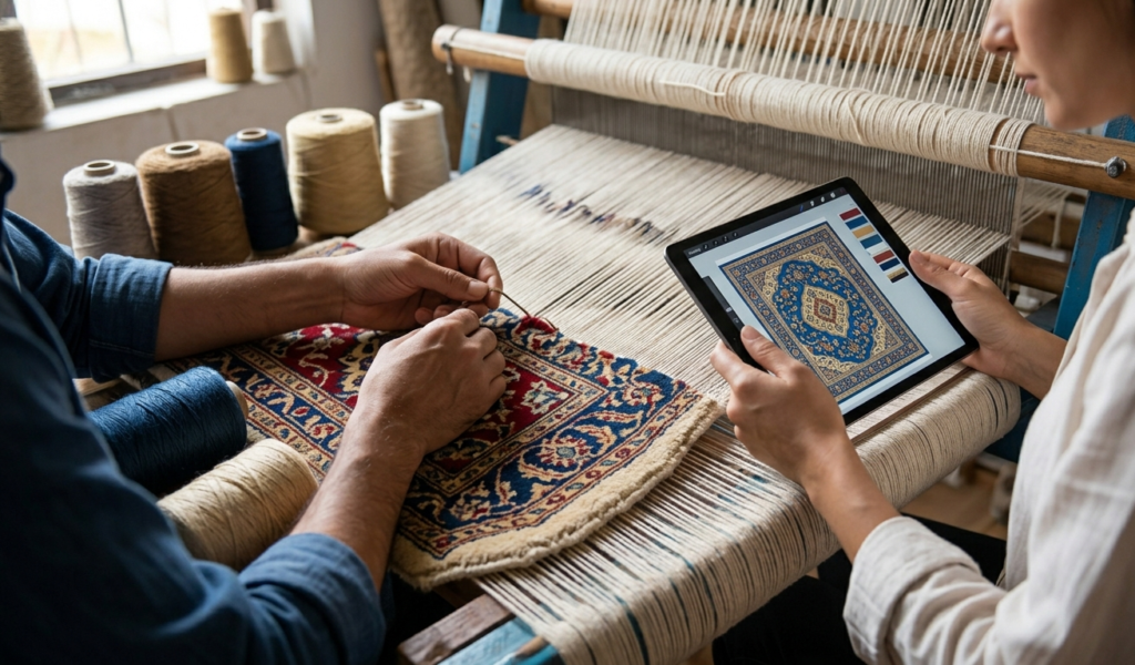 Skilled artisan hands hand-knotting an irregular carpet on a large wooden loom, illustrating the collaborative process of creating custom luxury carpets in a vibrant, natural-light workshop.