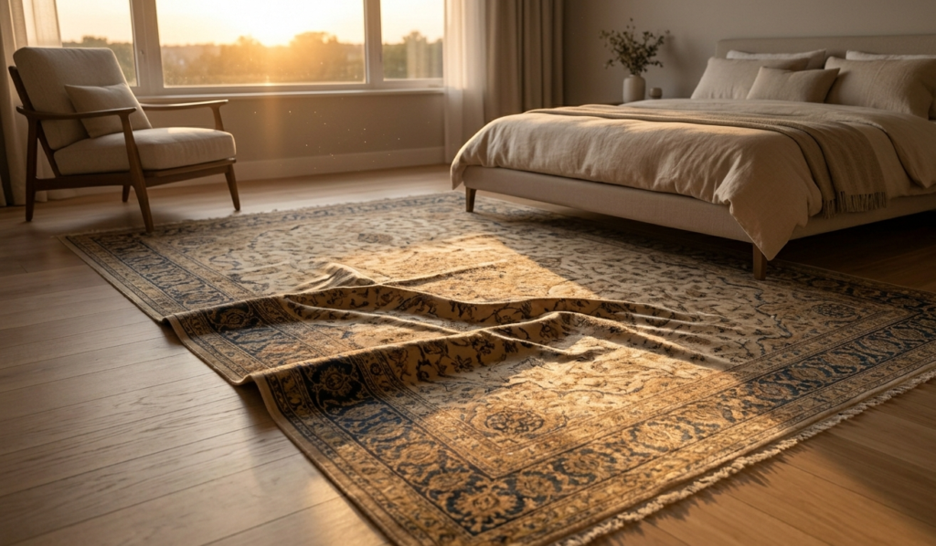 An elegant luxury bedroom at sunset, featuring a shimmering Kashmiri silk carpet on a light oak floor, casting a warm golden glow and showcasing heritage weaving as a timeless element for luxury interiors.