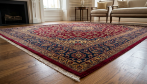 A detailed close-up of a vibrant luxury handcrafted carpet featuring traditional motifs, highlighting the heritage handwoven quality and tactile texture, placed within an elegant, classic Indian living space.