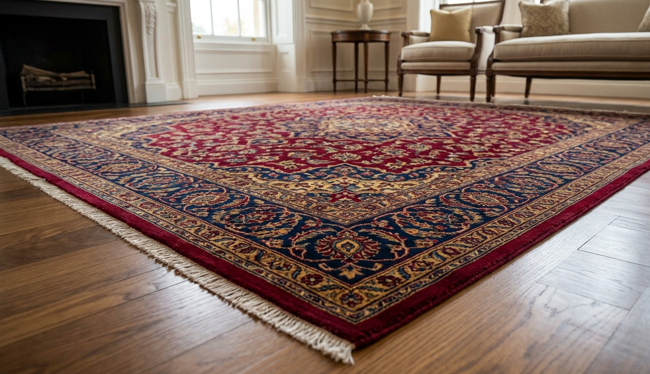 A detailed close-up of a vibrant luxury handcrafted carpet featuring traditional motifs, highlighting the heritage handwoven quality and tactile texture, placed within an elegant, classic Indian living space.