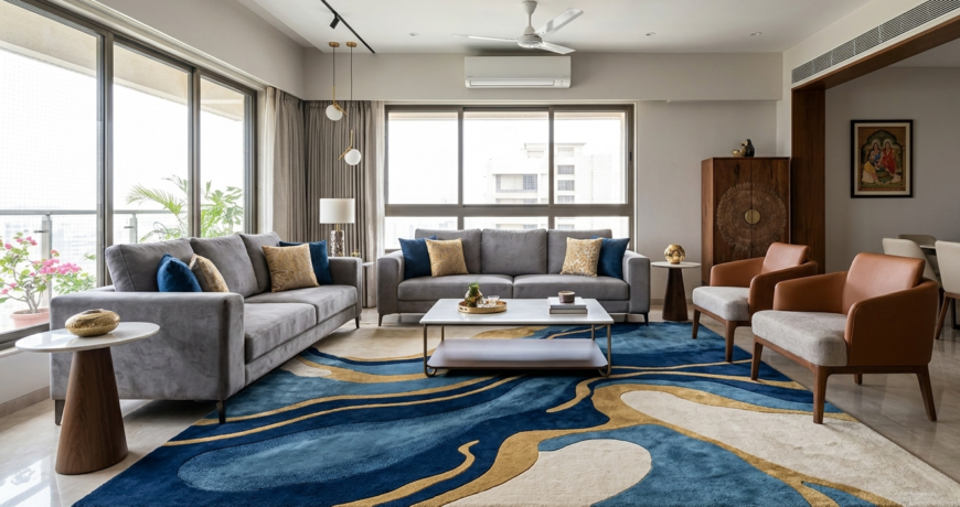 Modern abstract rug in a contemporary Indian living room – IndianCarpets.in