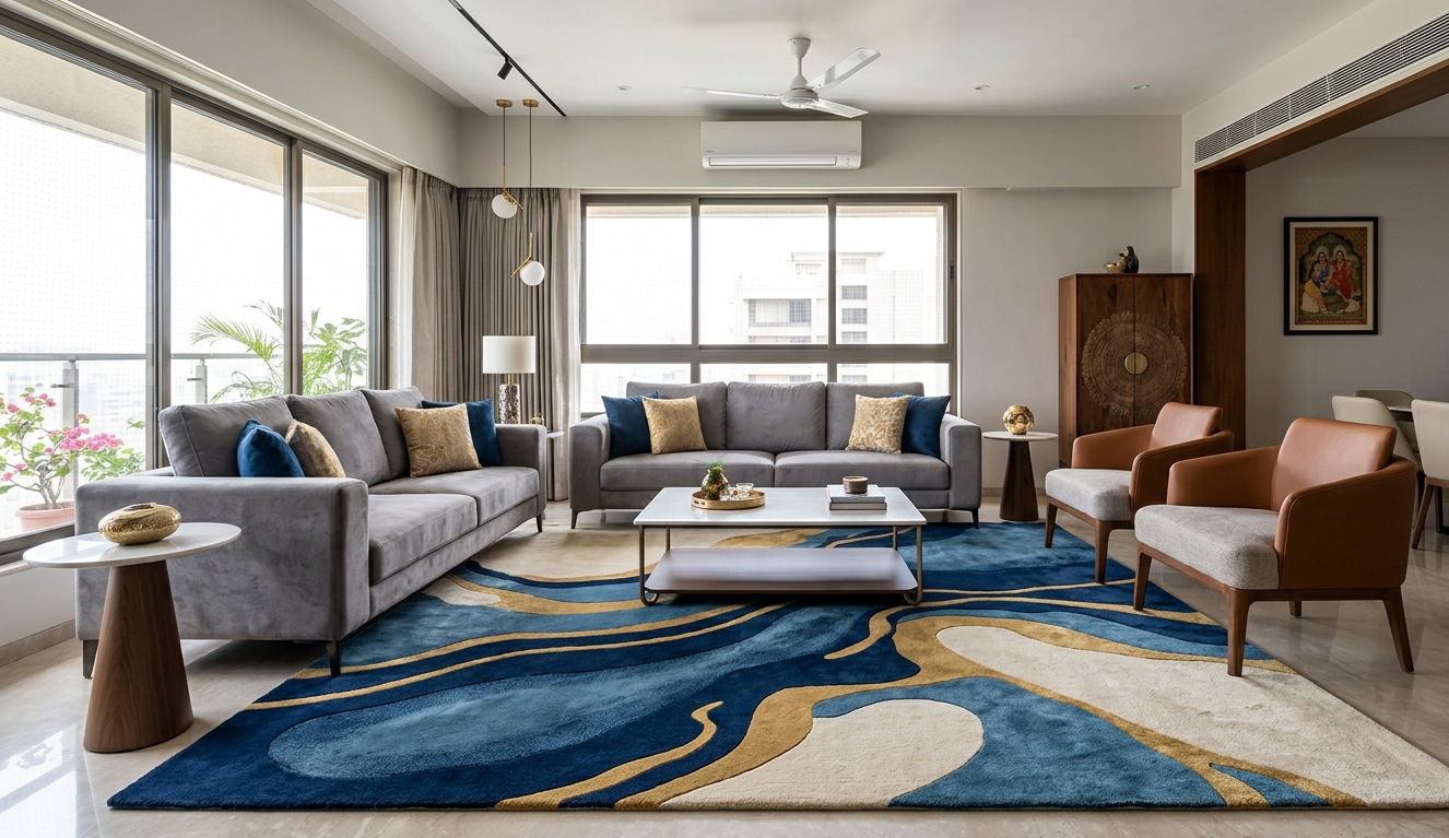 Modern abstract rug in a contemporary Indian living room – IndianCarpets.in