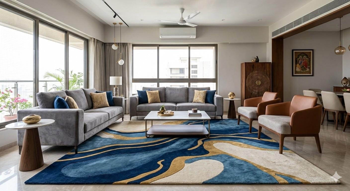 Abstract rugs in navy blue, cream and gold in a modern living room with grey sofas