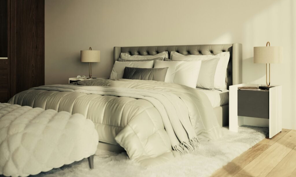 7 Smart Carpet on Carpet Bedroom Ideas for Layering Rugs 5 Example of a well-arranged layered carpet setup in a beautifully decorated bedroom.