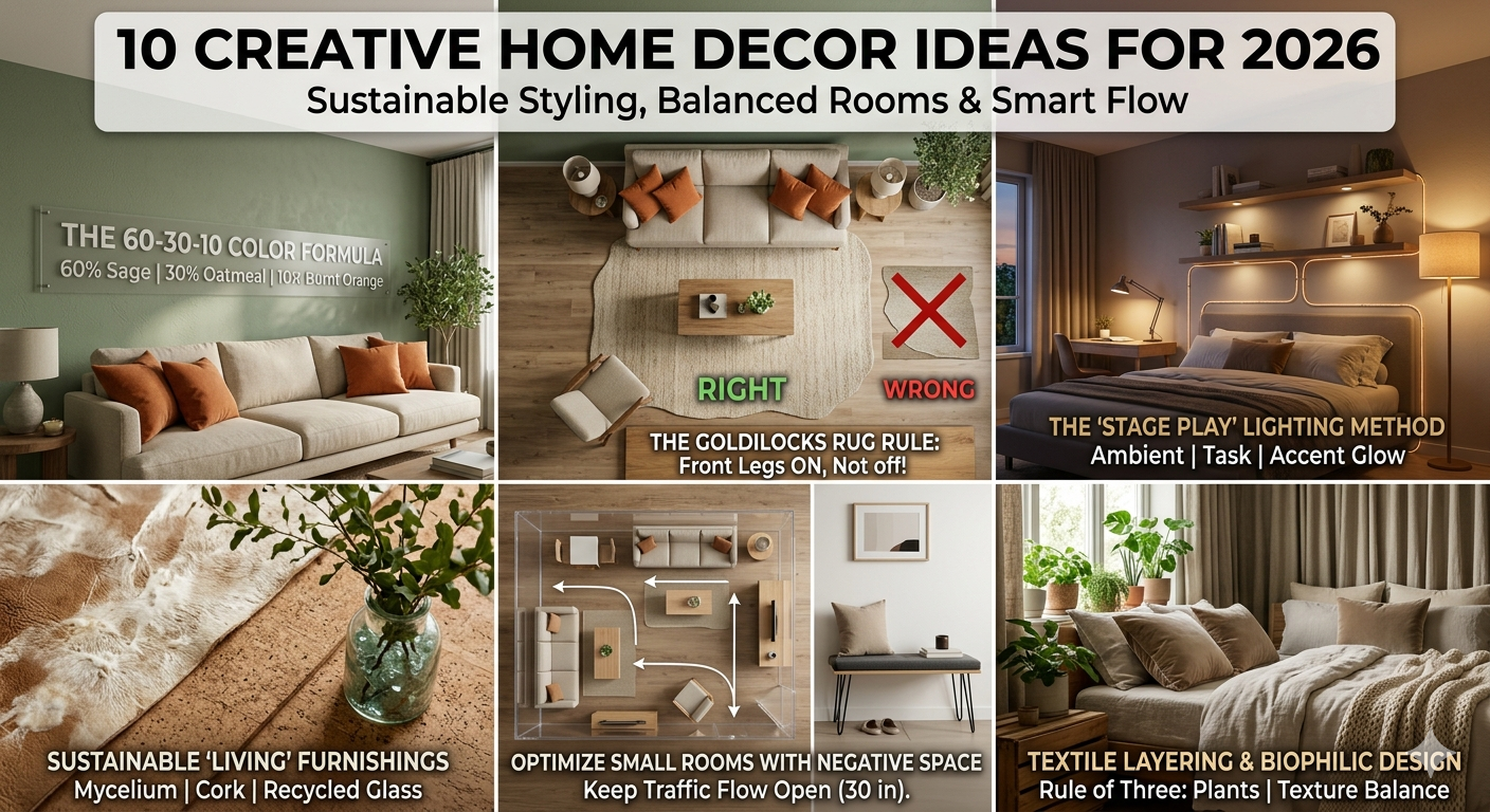 A photorealistic infographic collage showcasing **interior design** and **home decor** trends for 2026, featuring a sage green living room with a 60-30-10 color palette, a demonstration of the "front legs on" rug rule for **economy home decor**, layered bedroom lighting, sustainable cork and mycelium textures, a small room layout with open traffic flow, and a biophilic bedroom with lush plants and layered textiles.