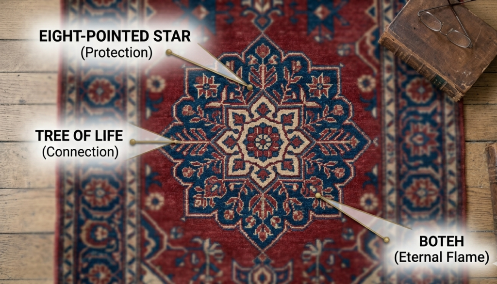 To connect the rug's construction to its culture, we conclude with a symbolic "reading." This top-down view focuses on the central medallion ("Gul") of an antique tribal carpet. As described in the post, specific symbols are identified with gentle pointers, transforming the rug from simple decor into a historical document. We highlight the Boteh (paisley), the Tree of Life, and the Eight-Pointed Star.