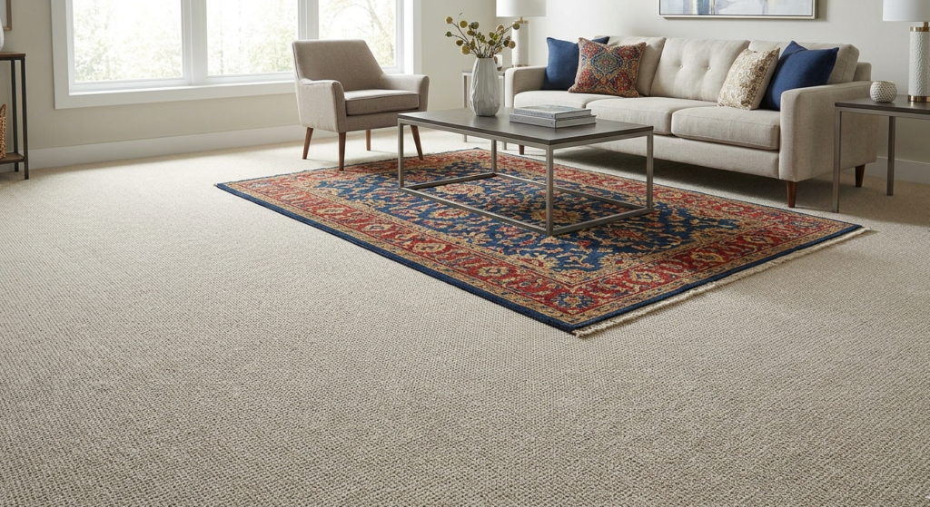Neutral Home Depot carpet layered with a vibrant hand-tufted Indian area rug in a modern living room.
