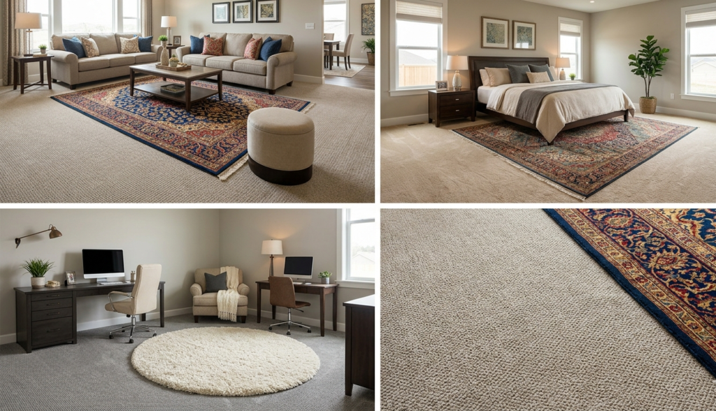 Kaleen for floor: how to choose the right rug for your home 3 Kaleen for floor placement across a living room, bedroom, home office, and close-up detail