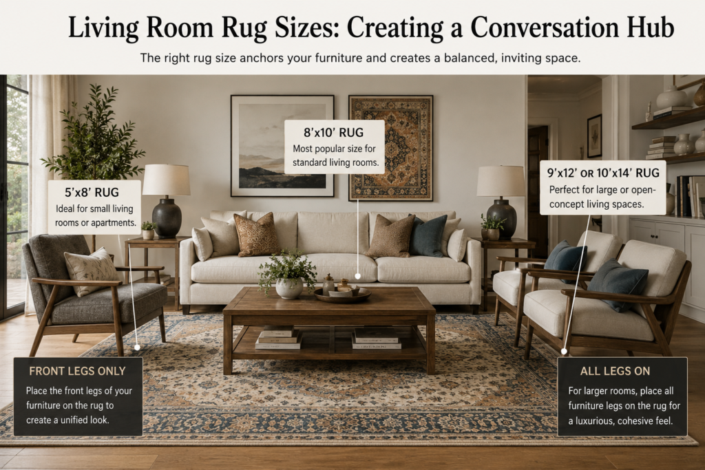 Standard Rug Sizes: 2026 Ultimate Rug Dimensions Guide for Every Room 2 living room rug sizes with standard area rug sizes layout