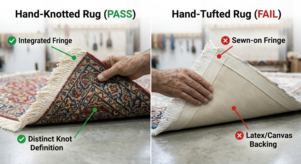 This visualization provides a clear, side-by-side comparison for evaluating quality. The image shows two rugs being flipped. On the left, we highlight the 'Pass' criteria: distinct knot definition and an integrated fringe (the foundation threads extending out). On the right, the 'Fail' criteria are marked: a flat, stiff canvas backing and a separate fringe that has been sewn on.