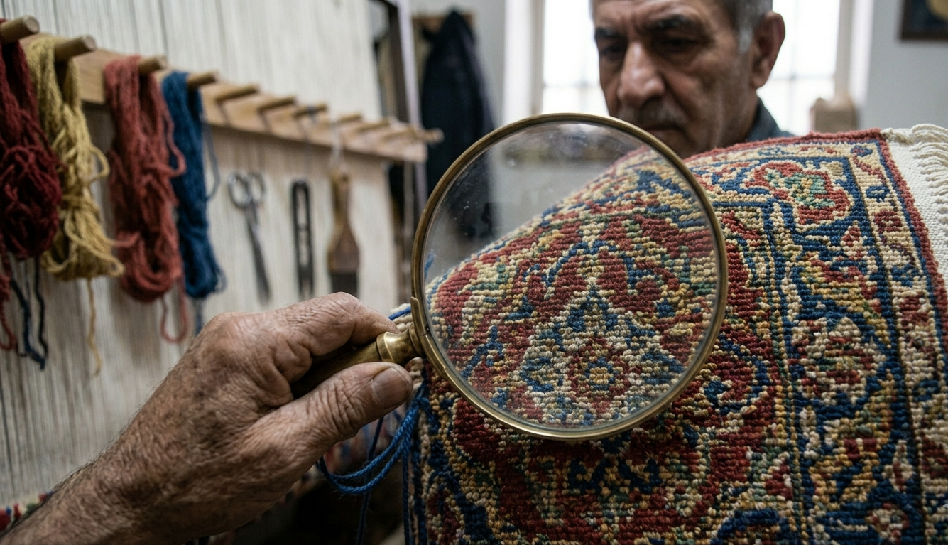 A close-up view of the back of a rug viewed through a magnifying glass, revealing the distinct, bumpy texture of individual threads that defines authentic Hand Knotted Rugs. The visible knots illustrate the painstaking, intricate process of Artisan craftsmanship involved in creating traditional Persian textiles, immediately differentiating them from generic machine-made alternatives.