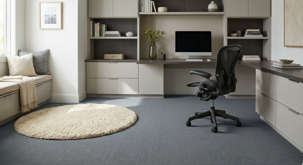 A modern home office utilizing durable Home Depot carpet. By selecting a high-performance in stock carpet and calculating the carpet installation cost early, you can secure a professional Home Depot carpet installation for the best rated carpet available.