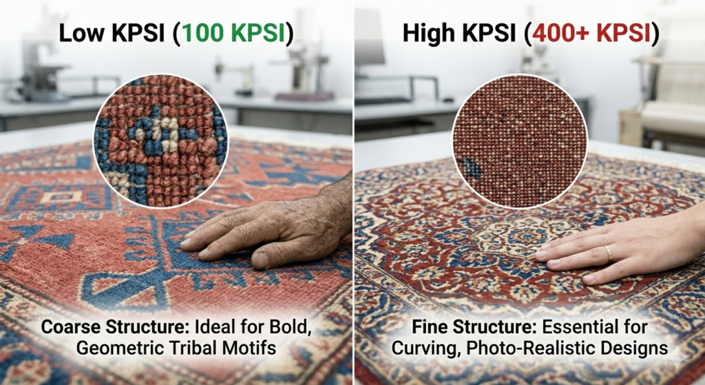 This visual explains why knot density (Knots Per Square Inch) matters. Using two magnified overlay boxes, we compare the structure. The inset on the left, labeled "Low KPSI (100 KPSI)," reveals large, blocky knots, typical of rustic, geometric tribal designs. The inset on the right, labeled "High KPSI (400+ KPSI)," shows incredibly tiny, dense knots, which are necessary for complex, flowing floral motifs.
