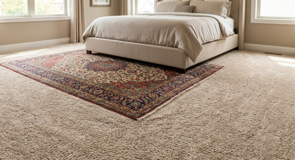 A master bedroom with plush Home Depot carpet flooring. Homeowners can find the best rated carpet in the in stock carpet section to ensure an efficient Home Depot carpet installation while managing their overall carpet installation cost effectively.